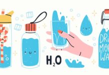 Why Is It Important To Stay Hydrated On The Golf Course? Drink more water. Glass only. Plastic free, zero waste concept. Various bottles, glass, flusk. Hand drawn cute trendy vector illustartion. All elements are isolated