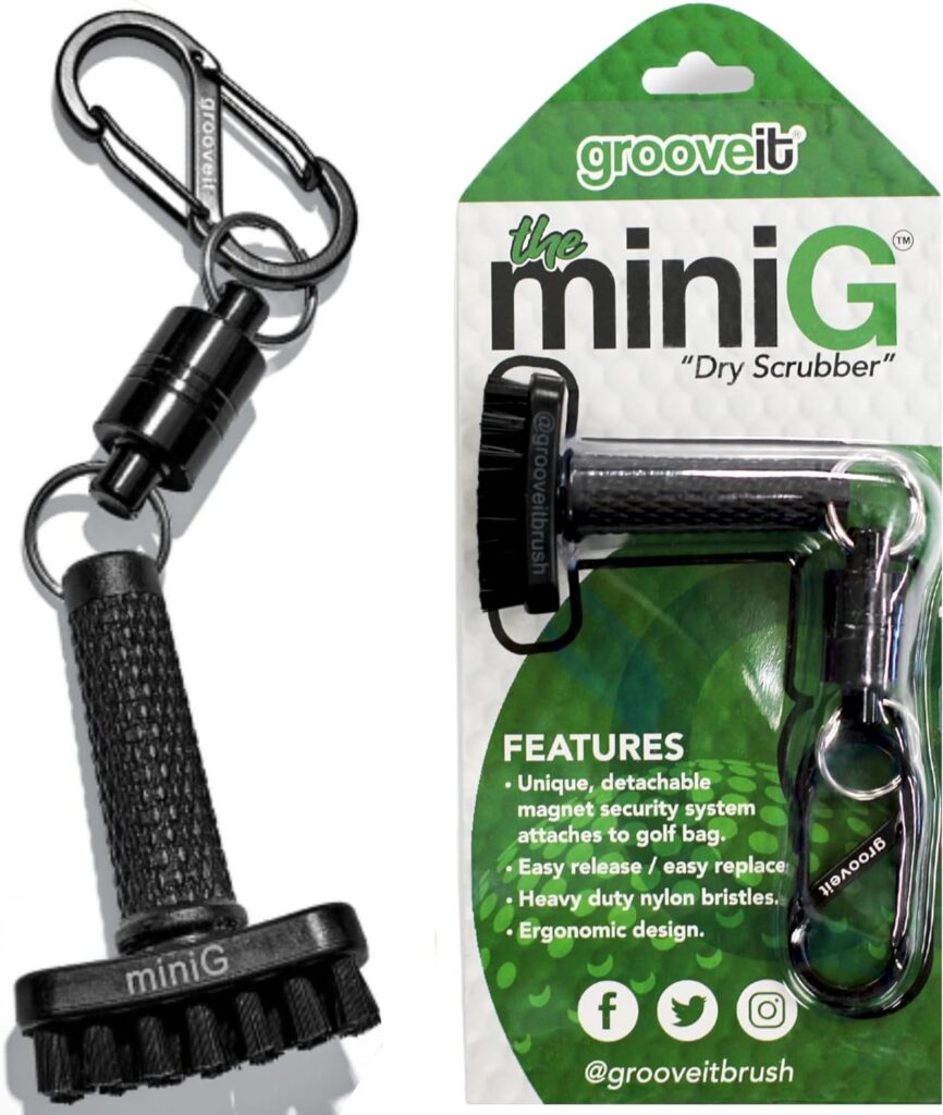 Grooveit MiniG The Dry Scrubber - Mini Golf Club Brush - Heavy-Duty Nylon Bristles - 3-Yr Warranty - Part of Any Golf Club Cleaning Kit - Detachable Magnetic Club Head Groove Cleaner Tool Grooveit MiniG The Dry Scrubber - Mini Golf Club Brush - Heavy-Duty Nylon Bristles - 3-Yr Warranty - Part of Any Golf Club Cleaning Kit - Detachable Magnetic Club Head Groove Cleaner Tool