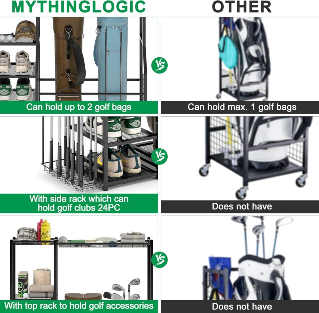 Golf Bag Storage Garage Organizer, 2 Golf Bags Storage Stand and Golfing Equipment Accessories Storage Stand and Other Golfing Equipment Rack, Extra Golf Clubs Display Rack Golf Bag Storage Garage Organizer, 2 Golf Bags Storage Stand and Golfing Equipment Accessories Storage Stand and Other Golfing Equipment Rack, Extra Golf Clubs Display Rack