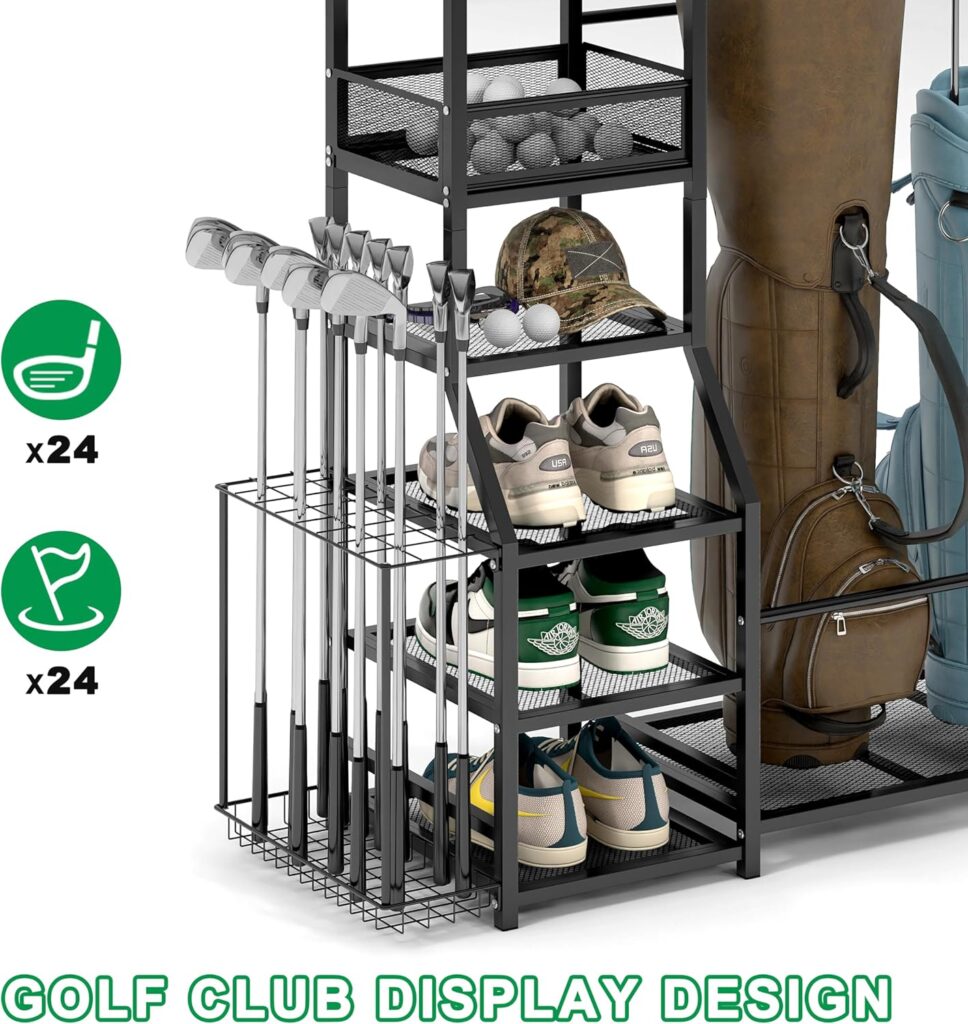 Golf Bag Storage Garage Organizer, 2 Golf Bags Storage Stand and Golfing Equipment Accessories Storage Stand and Other Golfing Equipment Rack, Extra Golf Clubs Display Rack Golf Bag Storage Garage Organizer, 2 Golf Bags Storage Stand and Golfing Equipment Accessories Storage Stand and Other Golfing Equipment Rack, Extra Golf Clubs Display Rack