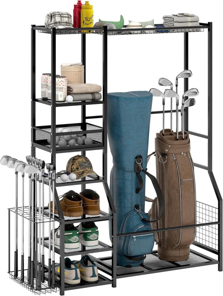Golf Bag Storage Garage Organizer, 2 Golf Bags Storage Stand and Golfing Equipment Accessories Storage Stand and Other Golfing Equipment Rack, Extra Golf Clubs Display Rack Golf Bag Storage Garage Organizer, 2 Golf Bags Storage Stand and Golfing Equipment Accessories Storage Stand and Other Golfing Equipment Rack, Extra Golf Clubs Display Rack