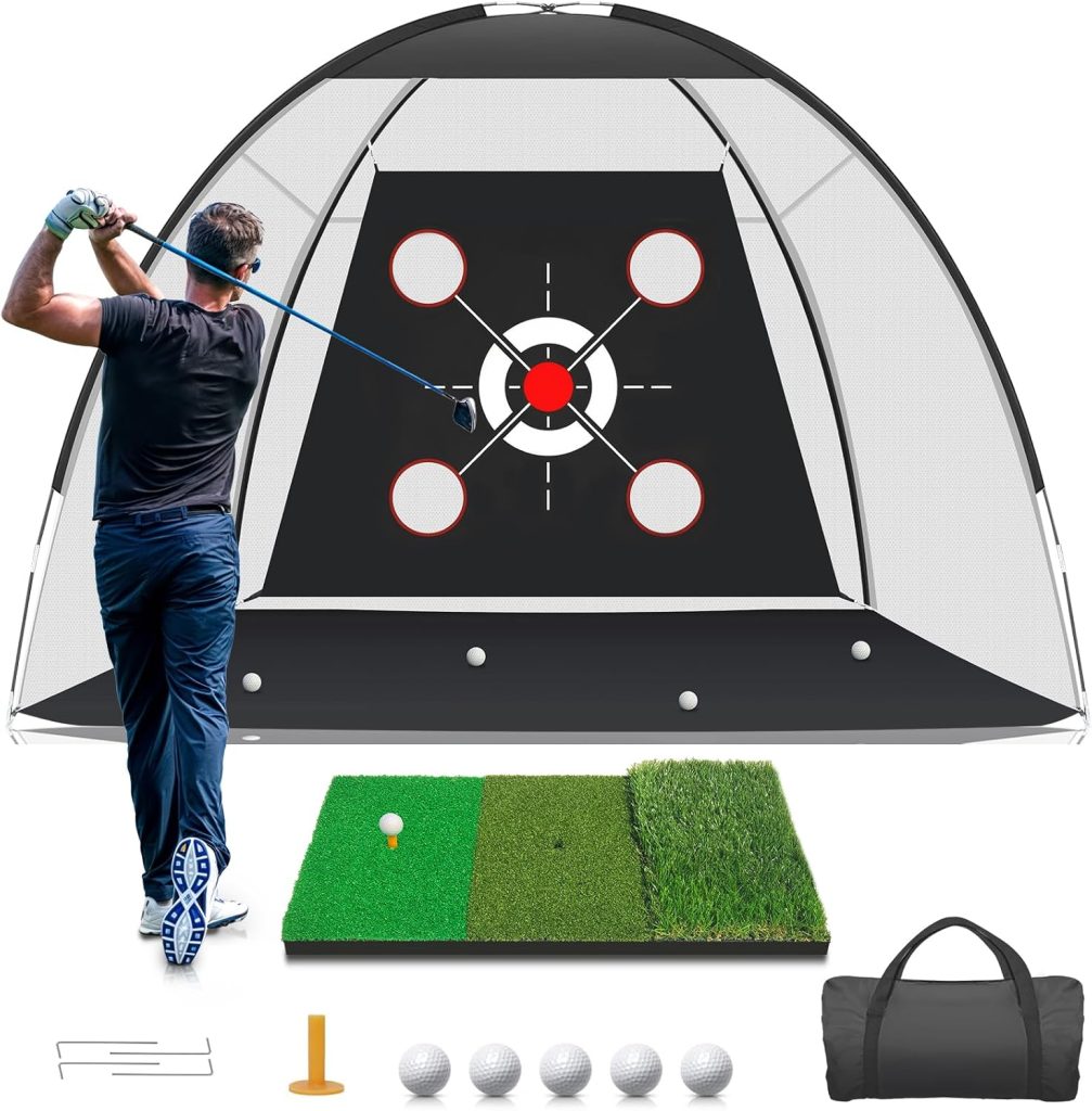 Golf Net with Practice Mat,Golf Hitting Aid Nets 10x7FT for Backyard Driving Chipping Training Swing with Target Mat Balls for Outdoor Indoor,Gifts for Men Dad Him and Golfer Golf Net with Practice Mat,Golf Hitting Aid Nets 10x7FT for Backyard Driving Chipping Training Swing with Target Mat Balls for Outdoor Indoor,Gifts for Men Dad Him and Golfer
