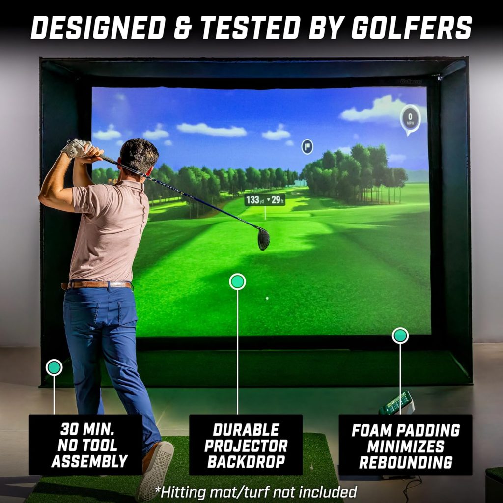 GoSports Golf Simulator Enclosure Nets - Choose 10 x 8 ft, 12 x 9 ft, or 14 x 8 ft - Complete Set with Frame and HD Impact Screen Kit GoSports Golf Simulator Enclosure Nets - Choose 10 x 8 ft, 12 x 9 ft, or 14 x 8 ft - Complete Set with Frame and HD Impact Screen Kit