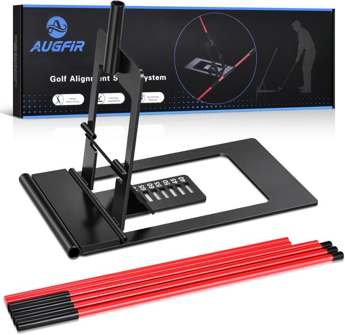 golf-alignment-sticks-holder-angle-adjustable-golf-training-aid-weighted-golf-swing-trainer-with-metal-sticks-practice-t